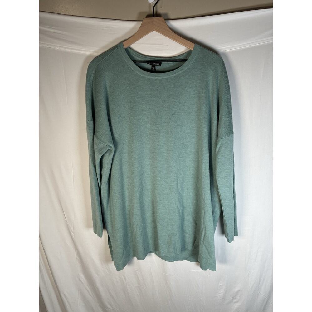 Eileen Fisher XL Sage Green Merino Wool 3/4 Sleeve Tunic Sweater Lagenlook Boho